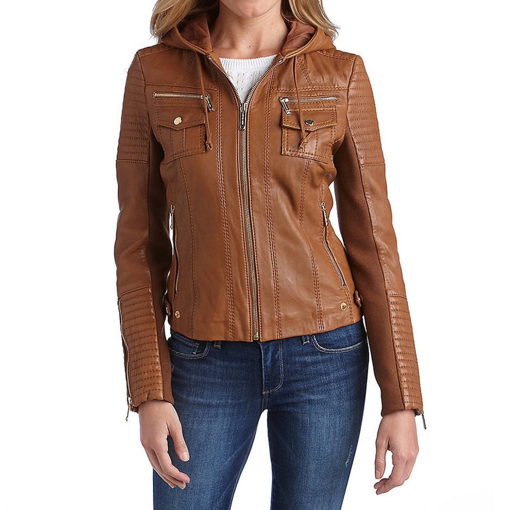 Michael Kors Camel Brown Hooded Leather Jacket